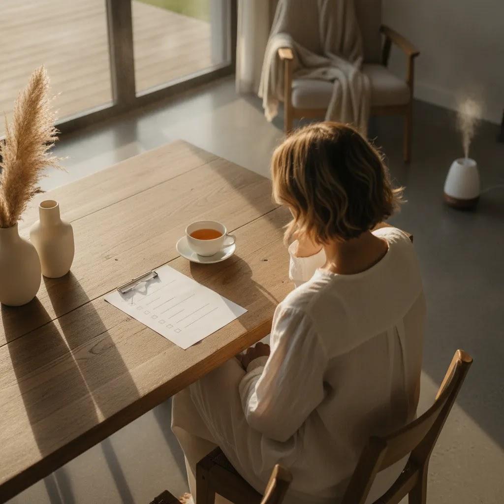Am I stressed self-assessment checklist on a table in a calm home setting
