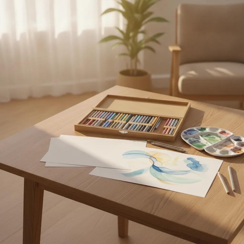 Art therapy beginner-friendly creative workspace with paper and art materials in warm natural light