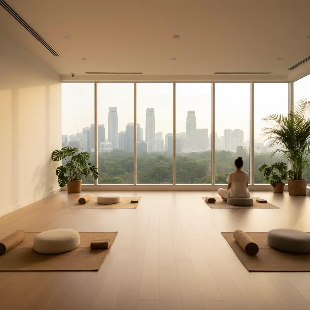 Meditation Singapore guide hero image showing a calm studio interior with cushions, natural light, and subtle Singapore city views