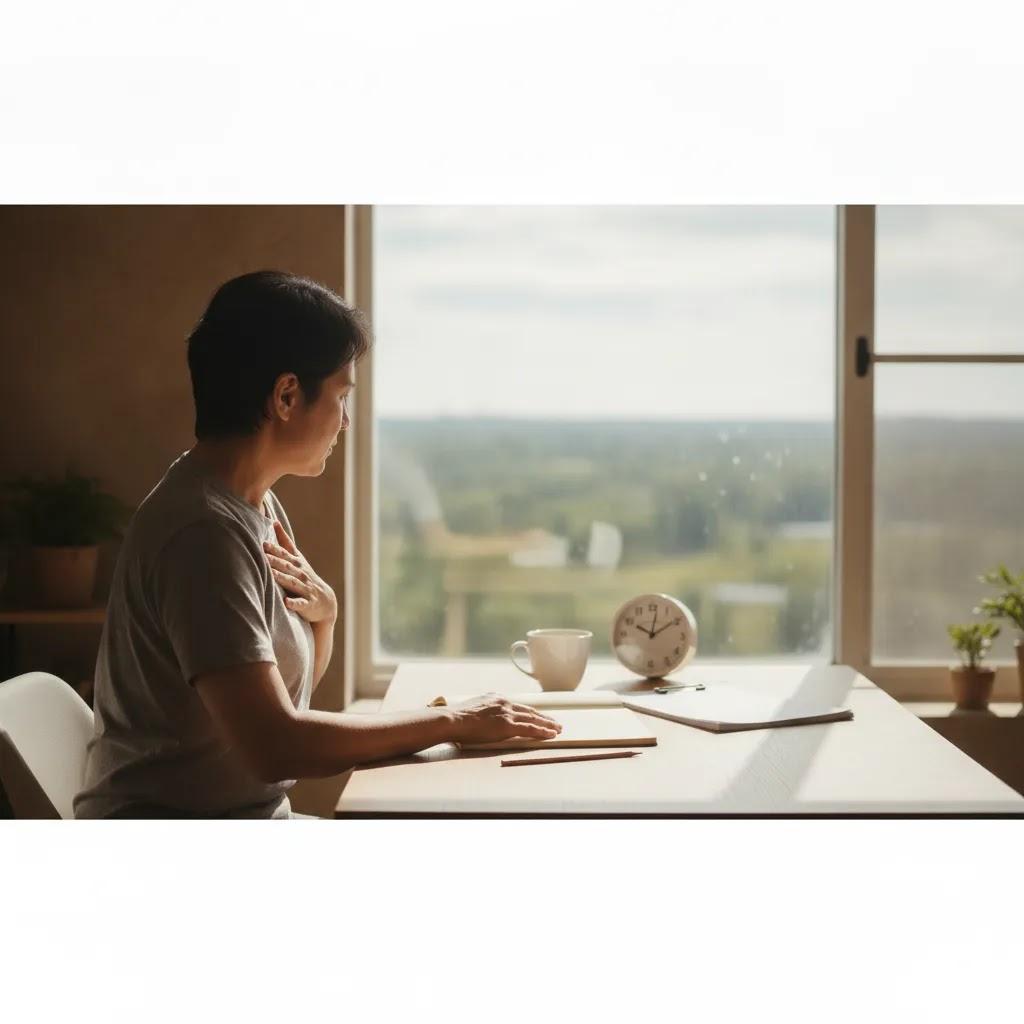 Editorial hero image illustrating stress with a tense person at a desk in soft natural light