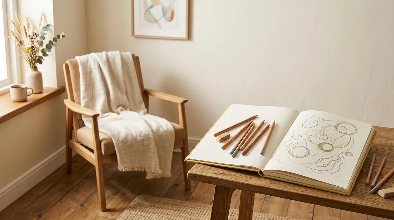 Art therapy applications represented by a private, calming creative check-in with simple drawing materials at home.
