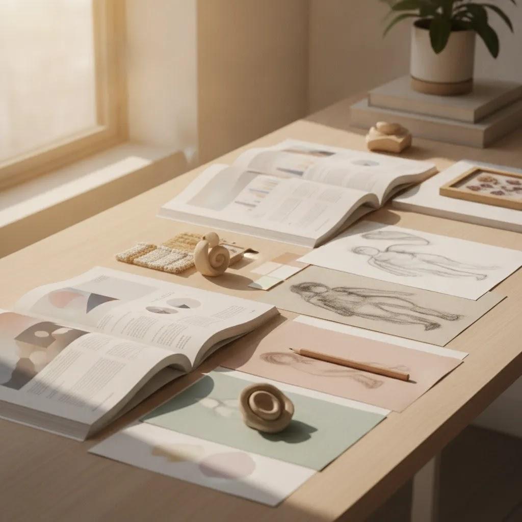 Editorial workspace with journals and abstract art illustrating art therapy benefits articles research roundup