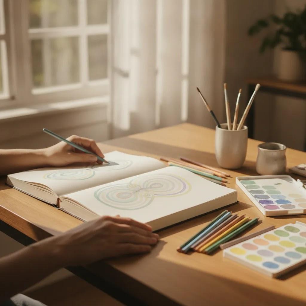 Art therapy benefits for autism shown through a calm creative workspace with abstract drawing materials for communication and regulation