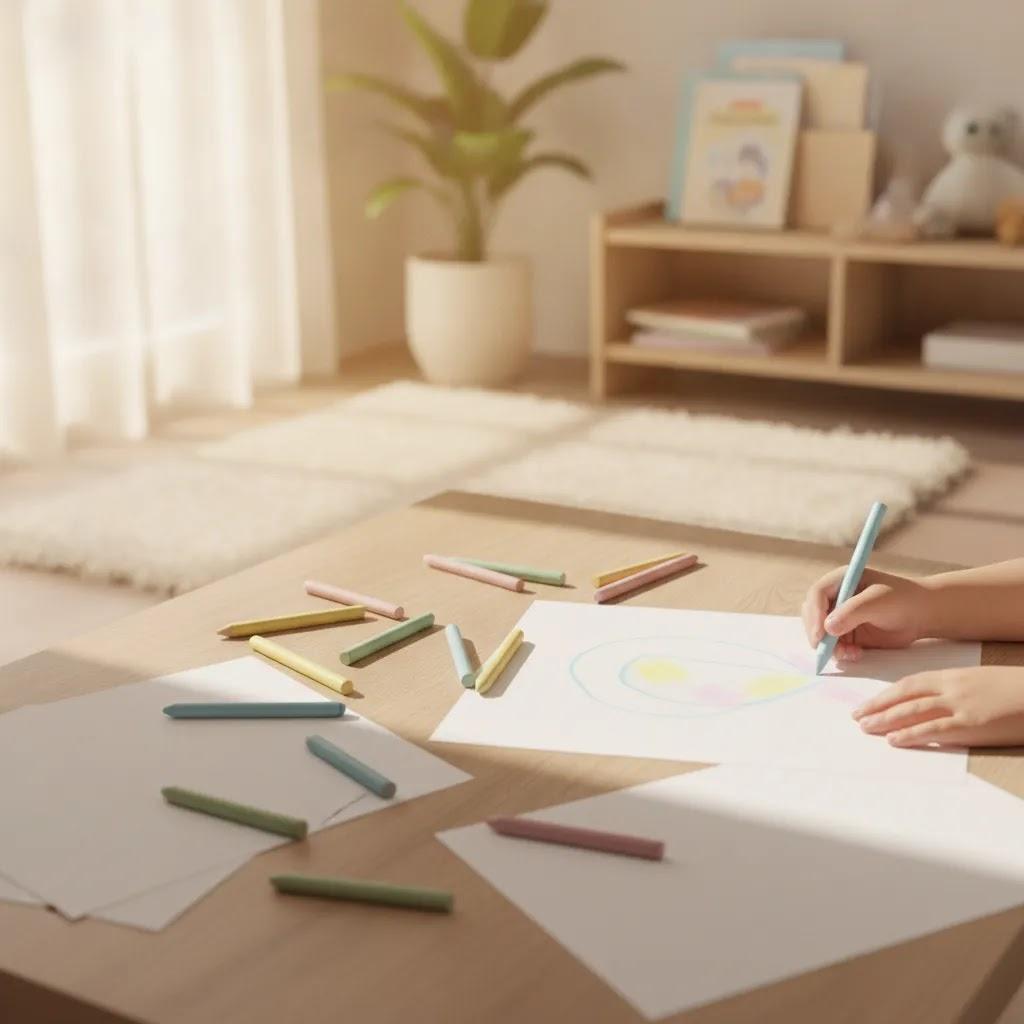 Art therapy benefits for kids shown through a calm creative space with a child drawing using crayons and paper