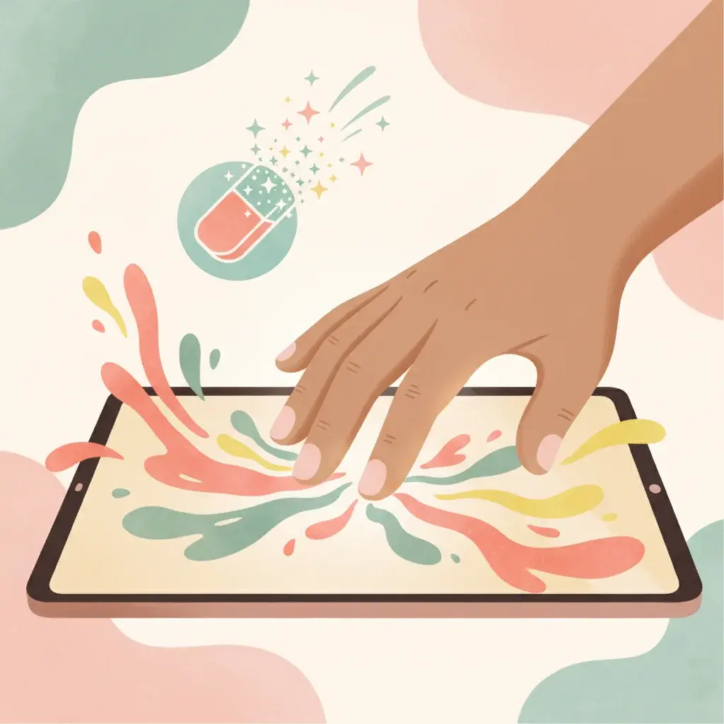 Person using art therapy app on iPad with undo button — imperfect colorful strokes blooming from fingertips