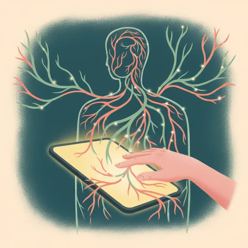 Hand touching tablet screen with vagus nerve pathways radiating from fingertips — art therapy for anxiety illustration