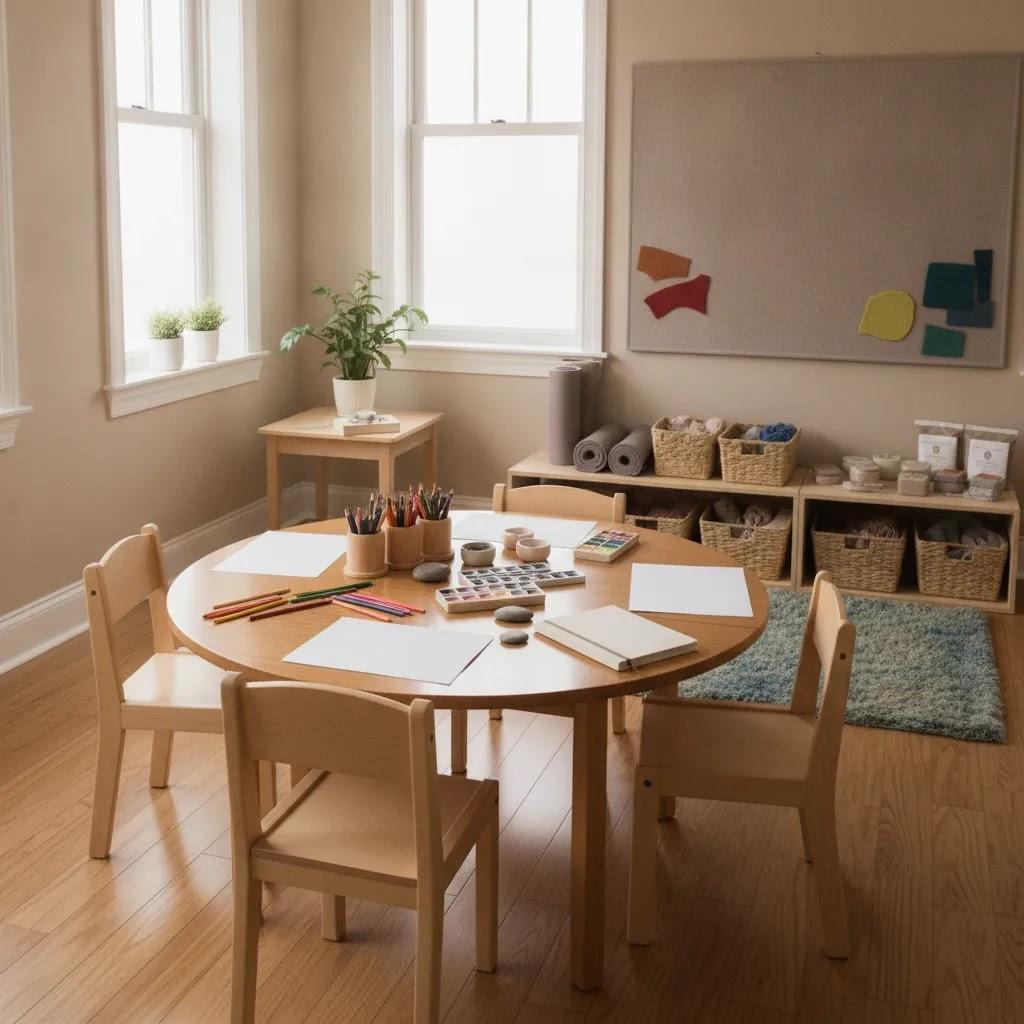 Expressive arts therapy in schools setup with calming classroom space and unbranded creative materials