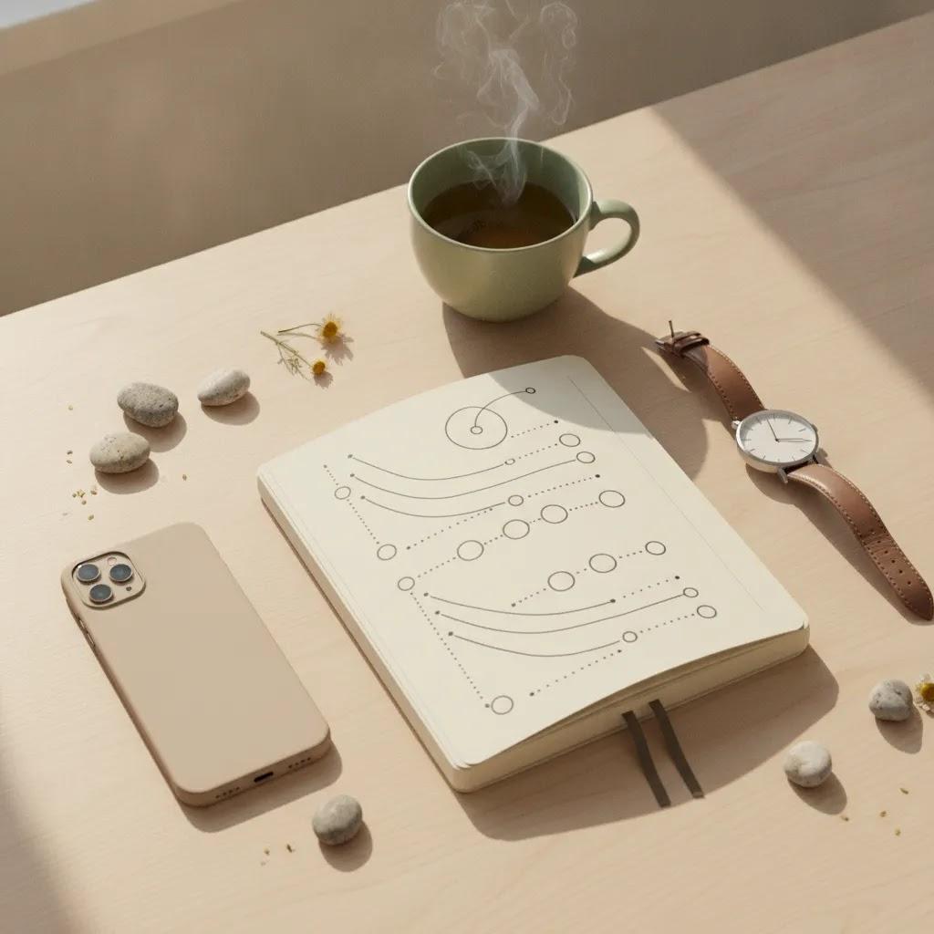 Measuring stress level with a journal and daily reflection tools in a calm home setting